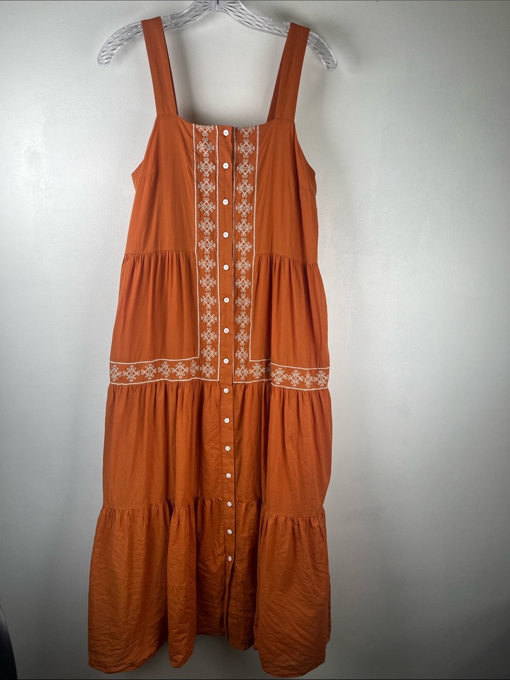 Madewell Tiered Button-Front Maxi Sundress with Embroidered Trim - Orange Sz S